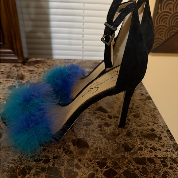 Jessica Simpson Black Heels with Blue Feathers Mixed suede details! - Picture 2 of 4